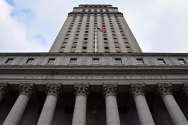 A view looking up at the Thurgood Marshall US Courthouse in New York