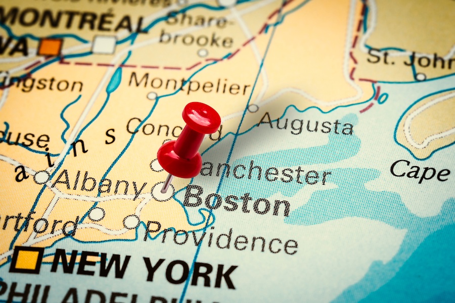 A map of Massachusetts with a red pushpin in Boston