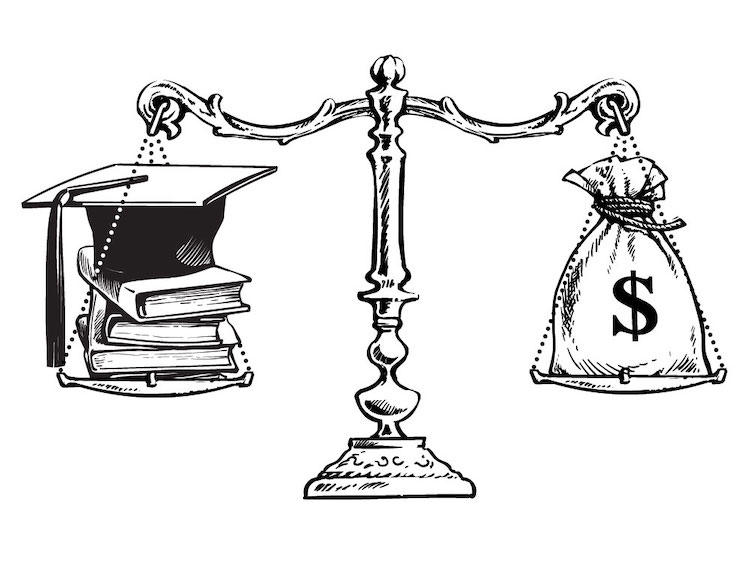 An illustration of scale balancing a sack with a dollar sign against some books and a graduation cap