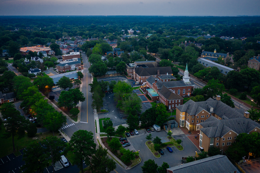 An aerial view of Williamsburg, Virginia