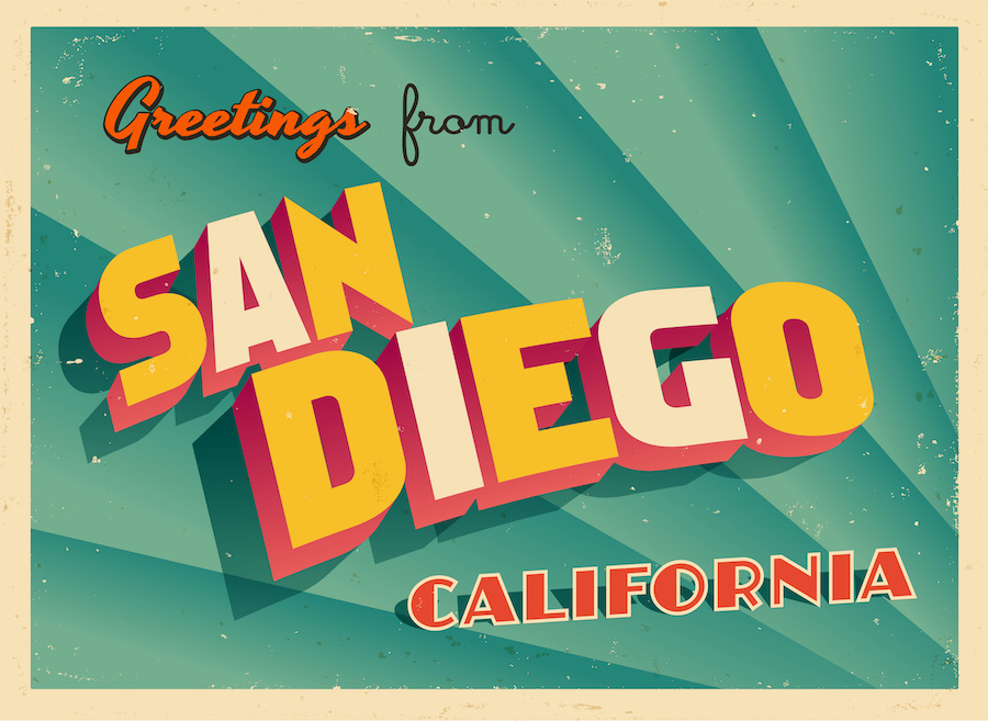 a vintage looking "Greetings from San Diego, California" postcard