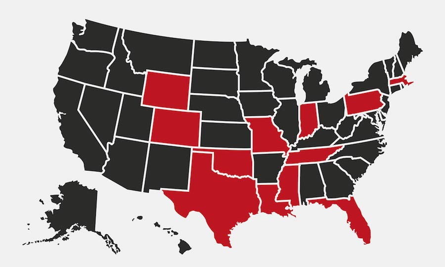 A US map with 12 states highlighted