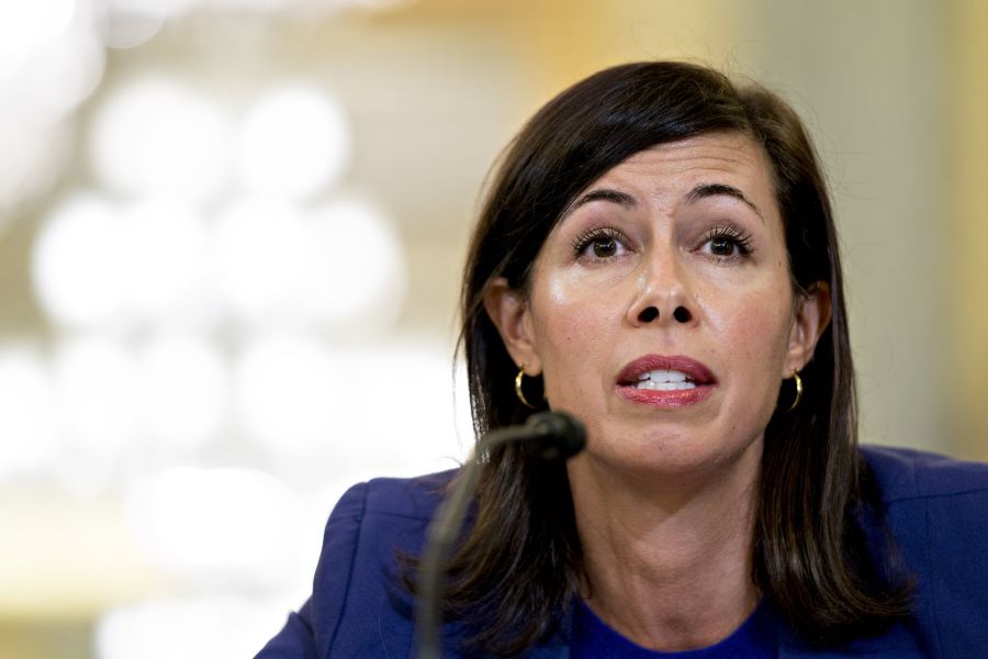 FCC Chair Jessica Rosenworcel speaks into a microphone