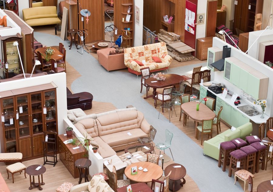 The sales floor of a furniture store viewed from a high angle